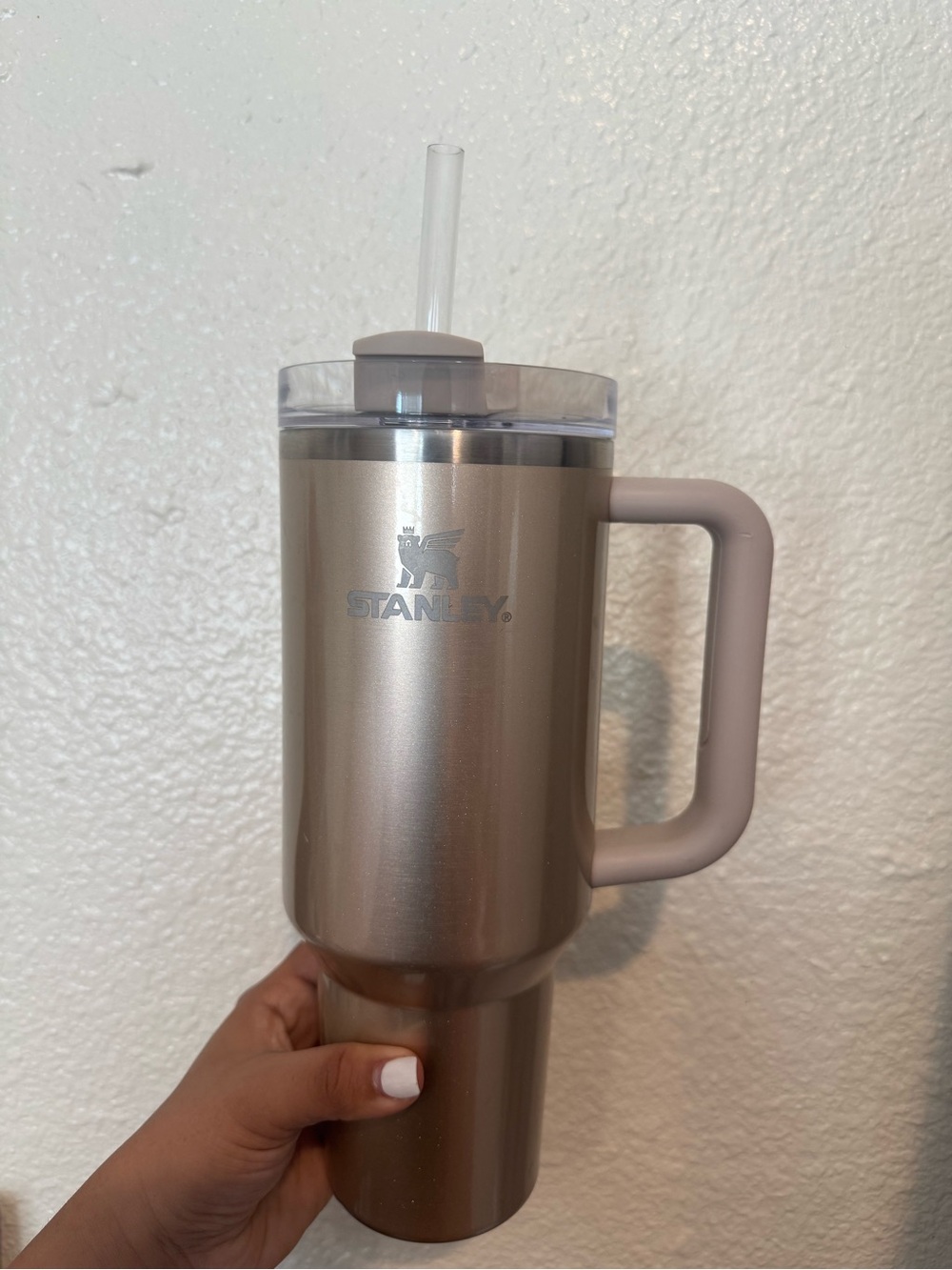 Stanley Metallic Champagne Travel Mug with Handle and Straw